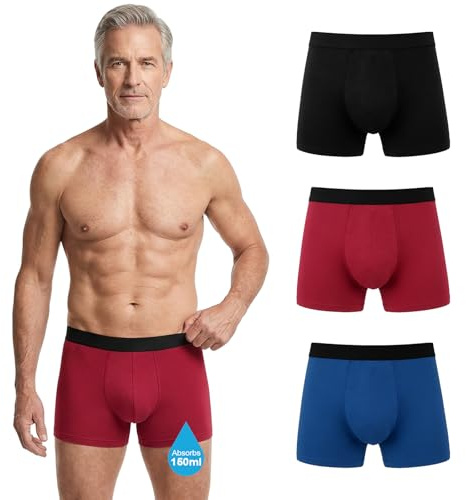 Hellomamma Calzoncillos Hombre Incontinencia Urinaria: Boxers Absorbentes de Algodón con Protección Antifugas 150 ml – Ropa Interior Reutilizable para Pérdidas de Orina Pack de 3 L
