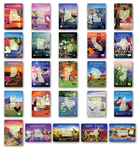 U.S. State Map Postcard Set of 50. Modern post cards variety pack. Postcards with maps of all fifty states of the United States of America. Made in USA.