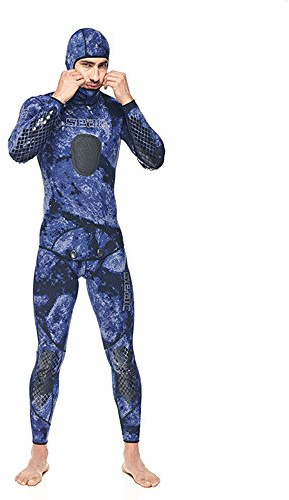 Seac Makaira, Traje de Pesca Submarina Camo de 2 piezas Chaqueta con Capucha y Pantalones, Camuflaje Azul, L