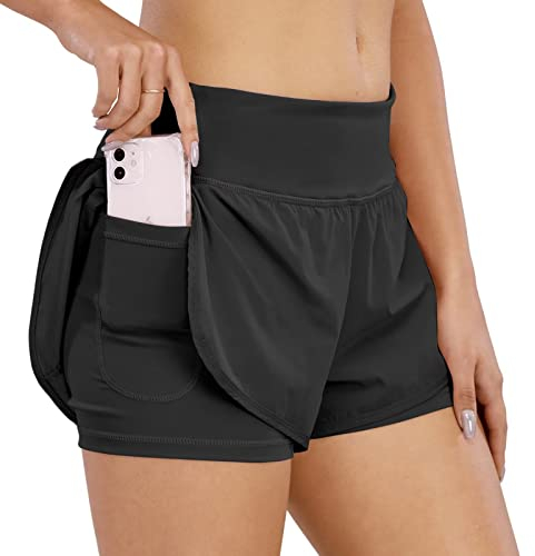 COTOP Laufhose Damen Kurz, 2 in 1 Sporthose Kurze Sommer mit Tasche, Midwaist Sport Shorts Teenager Mädchen mit Elastisch Unterhose für Volleyball, Joggen, Gym (Schwarz XL)