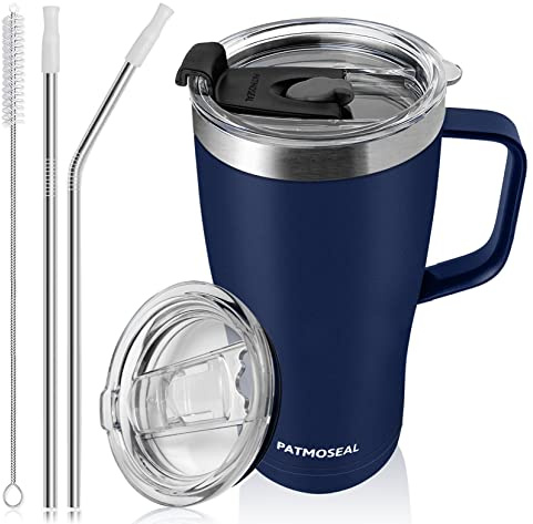 patmoseal 20oz Travel Mug with Handle and Straw Lid | Thermo Mug Insulated Cup with Handle for Hot & Cold Drinks | Thermal Cup Stainless Steel Tumbler, Fits Car Cup Holder 600ml (Navy Blue)
