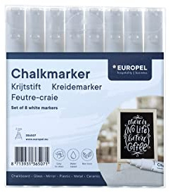 EUROPEL Liquid Chalk Markers White 3 mm, Pack of 8 Professional Chalk Pens with Reversible Round and Chisel Tips, Window Glass Blackboard Menu Board Markers for Business Hospitality Retail