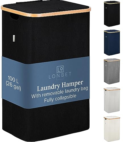 LONBET 100L Cesto Ropa Sucia con Tapa y Estructura de Bambú - Cubo Ropa Sucia Estético con Bolsa Extraíble, Asas Cómodas y Tela Transpirable para Uso Diario Eficiente - Laundry Basket, Negro