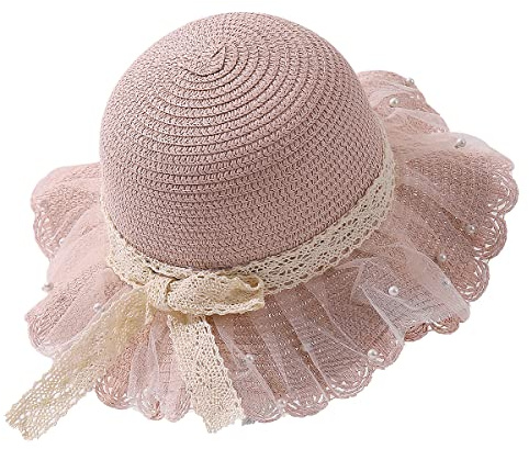 HATONHINT Toddler Girls Straw Beach Hat, 2‑5Y Kids Wide Brim UV Protection Foldable Wave Ruffled Summer Sun Hat for Kids Pink