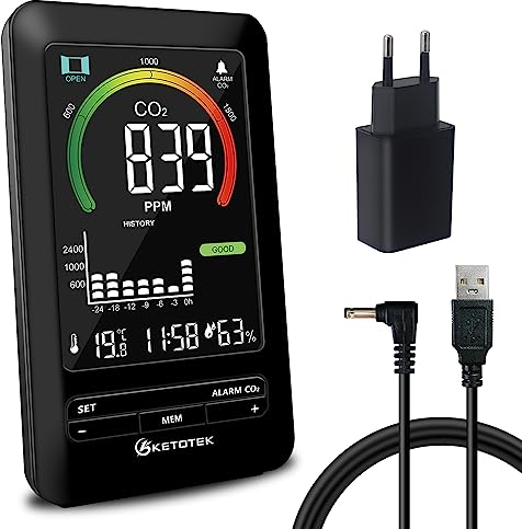 KETOTEK CO2 Messgerät, CO2 Melder Raumluft, Luftqualität Messgerät mit Alarm und Lüftungsempfehlungen, Monitor für Temperatur, Luftfeuchtigkeit, CO2-Anzeige mit grafischen