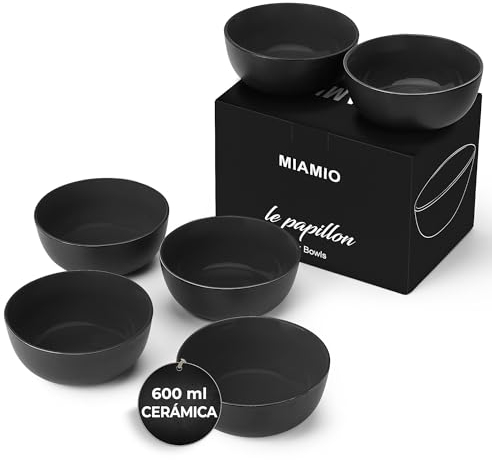 MIAMIO - 6 x 600 ml Stoneware Bowl Set Outside Black Inside Colourful - Le Papillon Collection (Black)