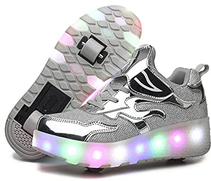 Barnens LED-skor med hjul, USB-laddning, upplysta tränare med hjul, rullskridskor LED flickor rullskor, skridskor för barn utomhus., Dubbelhjul E67 silver, 40 EU