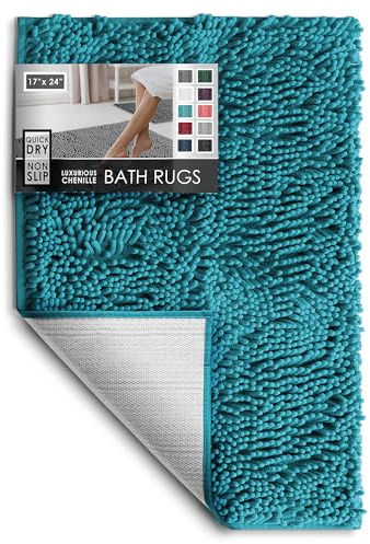 Hearth & Harbor Bathroom Rugs, Chenille Bath Mat - Machine Washable Bath Mats for Bathroom Non-Slip Backing Rubber, Quick Dry Bathroom Mat, Small Teal
