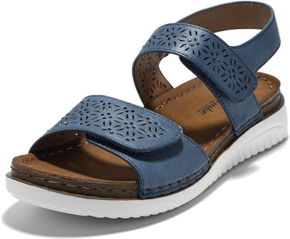 JOMIX Sandalias Mujer Verano con Banda Ajustable Sandalias Planas Mujer de Encaje Plantilla Ortopédica Playa Piscina Mar, Navy, 39 EU