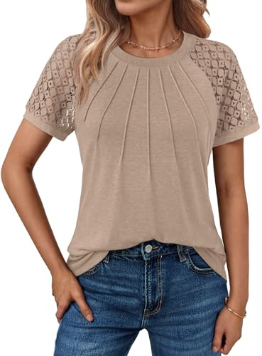 AUTOMET Women's Lace Short Sleeve Blouse - Soft Business Casual Top, Versatile Flattering Office Shirt for Summer Khaki L