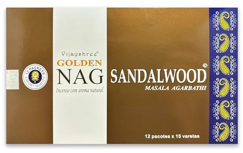 Varillas de Incienso Vijayshree Golden Nag Sandalwood 180 g - 12 Paquetes de 15 g - Aromaterapia - Meditación - Yoga - Packaging EcoFriendly