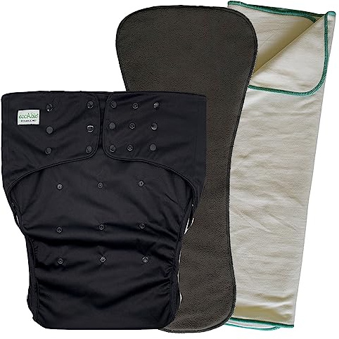 EcoAble Adult Cloth Diaper Cover 2.0 with Insert and Prefold, Reusable Incontinence Briefs | Protective Underwear for Special Needs Teens, Men and Women (Small, Black)