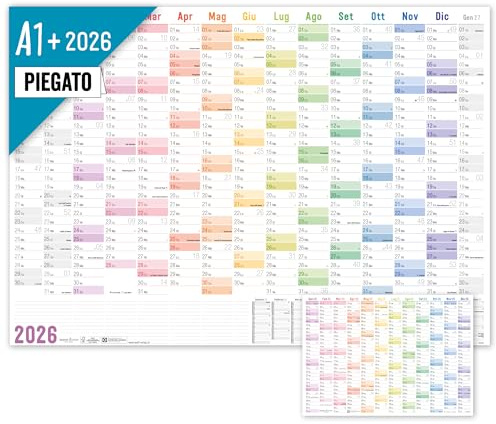 Calendario da parete XXL 2026 A1+ in italiano (89x63 cm) [Arcobaleno] 15 mesi nov 2025 - gen 2027 - piegato - gratuito planner annuale A4