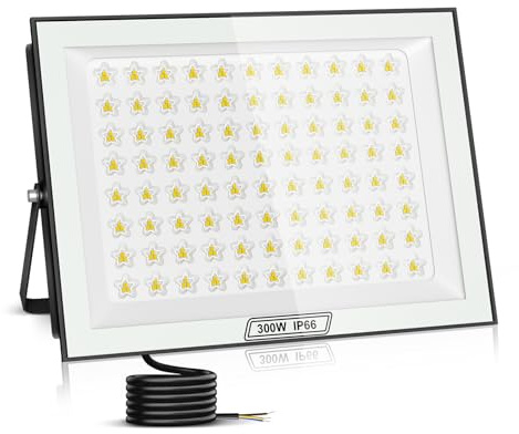 Viugreum 300W Security Light, 30000LM Led Floodlight 6500K Daylight White, IP66 Waterproof Outside Flood Lights Mains Powered, 140° Beam Angle Flood Light Outdoor Spotlight for Garden Patio Garage