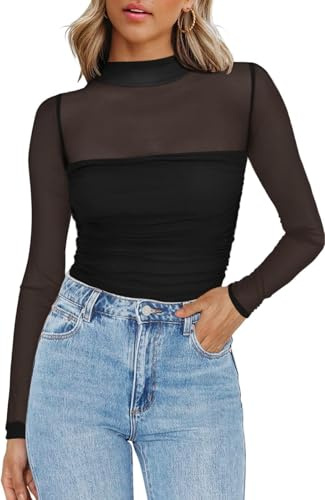Zeagoo Camiseta de malla para mujer, transparente, cuello redondo, manga larga, sexy, para fiestas, corte ajustado, camiseta de manga larga