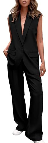 Completi da Donna in 2 Pezzi Gilet da Abito senza Maniche e Pantaloni a Gamba Larga Set Blazer Casual Business (Nero,Medio)