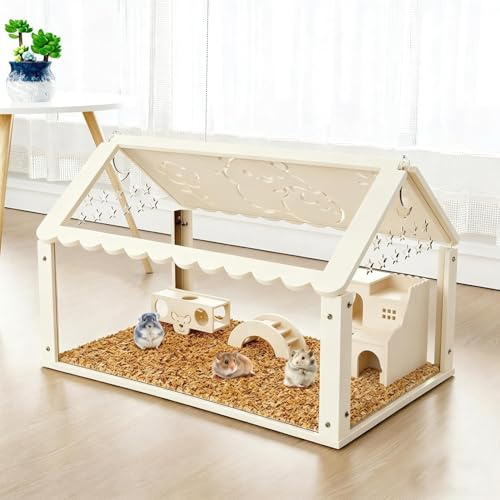 Hamsterbur för dvärghamster och smådjur, akrylbur 60 x 30 x 40 cm, transparent gnagarbur med tunnel, trappa och minihus, hamsterhus för möss och gnagare