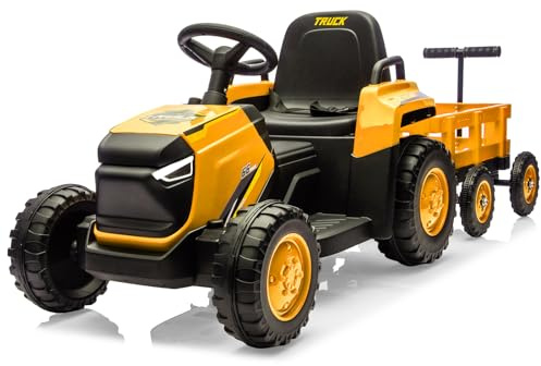 Baloveby Tractor Eléctrico para Niños con Remolque Desmontable Doble Motor, 12V Coche Electrico con Control Músic, Control Remoto 2,4G, 3 Velocidades, Luces LED, Bocina para Niños 3+ Años