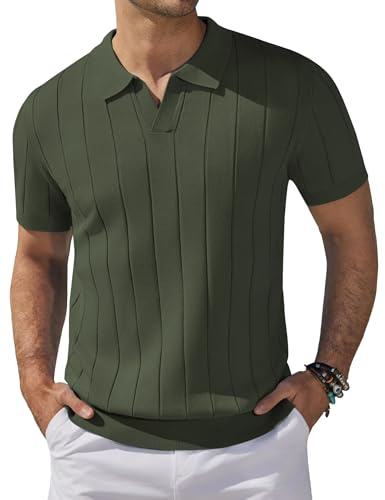 COOFANDY Polo de Hombre de Manga Corta, Polo de Punto de Verano con Cuello en V para Golf, Poloshirt para Hombres Verde Militar L