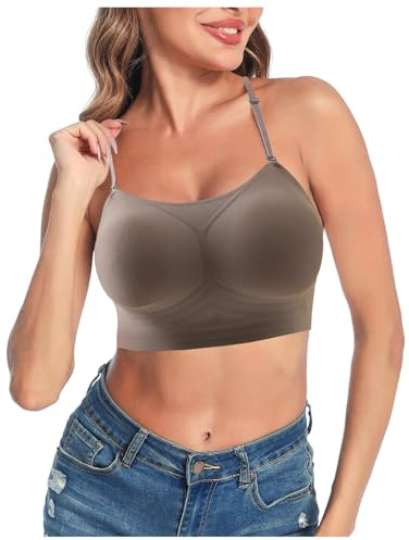 CEWIFO Reggiseno Donna Senza Ferretto Top Pizzo con Design Schienale Basso A Forma U Convertibile E Cinturini Spaghetti per Comfort Cuciture (Coffee, S)