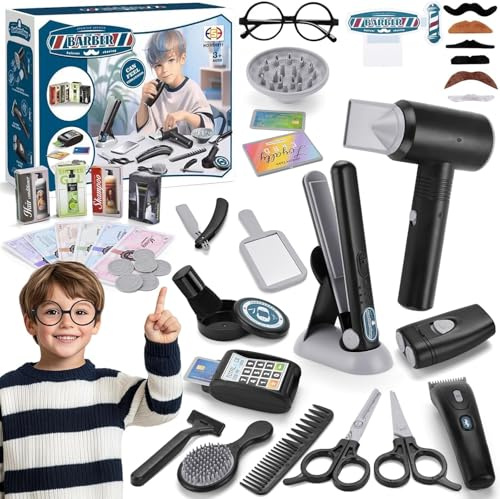 TOSUTO Frisörset barn, frisörväska-kit, barnfrisörsalongsset, rak hårklämma, rakapparat, väska, frisörtillbehör, rollspel, leksak, salong hårstyling, present för pojkar från 4 5 6 7 8+ år