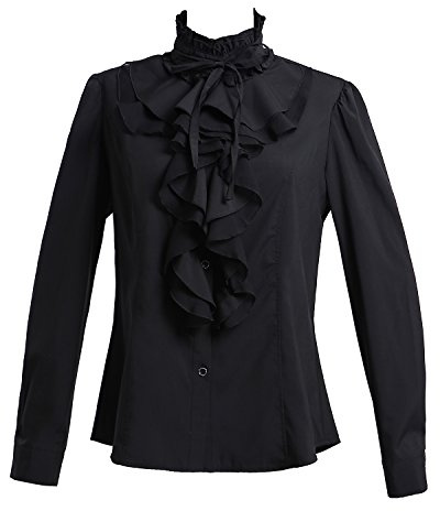 Taiduosheng Camicia da donna a maniche lunghe in pizzo con colletto rialzato con volant o con abbottonatura, Nero , M
