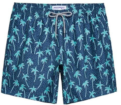 maamgic Mens 7 inch Mens Swim Trunks with Mesh Lining Quick Dry Board Shorts Mens Bathing Suits 1852755-dark Blue Palm Tree-2 Large
