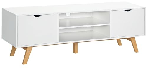 HOMCOM Mueble de TV Moderno Mueble para Televisores de 65 Pulgadas Mesa de TV para Salón con 2 Puertas 2 Estantes Abiertos y Patas de Madera 150x39x50 cm Blanco