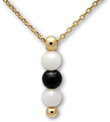VIORET- Colgante de Mujer Largo con Piedras de Ónix Blancos y Negros Chapado en Oro (Medida Aprox. 43 cm de Largo y 2,5 cm de extensión. Grosor de la Cadena de 2,2 mm. Motivo de 3,4 cm de Largo.