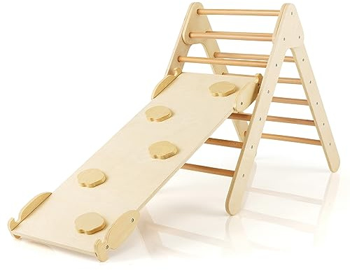 LIFEZEAL 3 en 1 Triangle Escalade avec Toboggan Inclinaison Réglable, Échelle Stable Bois pour Maternelle, École, Chambre d’Enfant, Charge de 50 kg, 1+ Ans (Naturel)