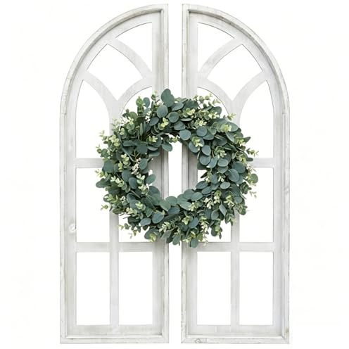 SwallowLiving Set of 2 Cathedral Arch Window Frame Wall Decor - 36 Large Rustic Farmhouse Wood Wall Art - Distressed White Architectural Hanging for Living Room, Entryway & Mantel (Glassless Design)