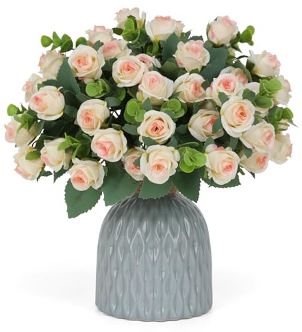 JUSTOYOU 4-Bündel künstliche Champagner Rosen, Seide Rose Sträuße mit Eukalyptusblättern, Rose gefälschte Blume mit 44 Rosenköpfen für Hochzeit Home Geburtstagsparty Arrangement Garten Dekoration