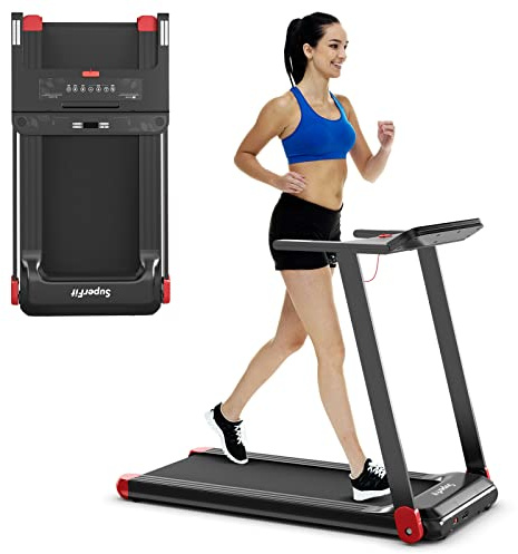 Komfotteu Hopfällbart löpband för ditt hem, löpmaskin 1–12 km/h, 550 W, promenadplatta med LCD-skärm, Bluetooth-app, 3 lägen och 12 program, maxvikt 100 kg (röd)