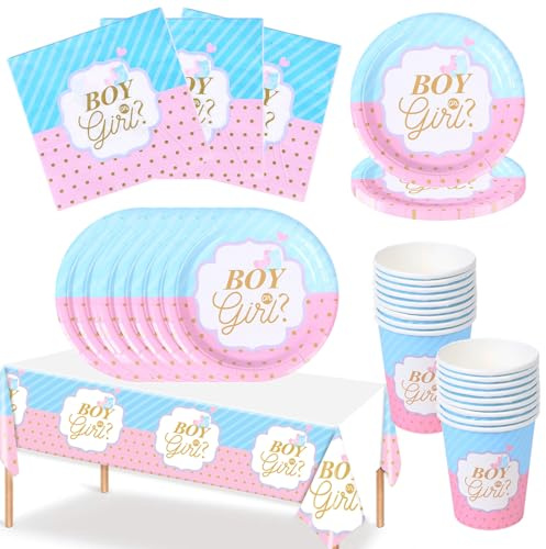 Gender Reveal Party Set di stoviglie decorative per 16 ospiti, piatti di carta, tovaglioli, bicchieri, decorazione da tavolo per ragazzi o ragazze, accessori per feste per baby shower, blu e rosa
