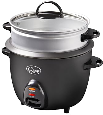 Quest 33369 1 Litre Rice Cooker & Steamer/Cooks Rice, Steams & Keeps Food Warm/Non-Stick Inner Pot/Clear Viewing Lid/Cool Touch Handles/Sleek, Compact Design/With Spoon & Measuring Cup