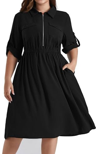Hanna Nikole Damen Große Größen V-Ausschnitt Revers A Linien Kleider Verstellbare Reißverschluss 3/4 Freizeitkleid Elastische Taille Mode Kleider Mit Taschen Black 52