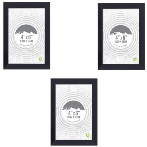 3pk Photo Frames, 4 x 6'' Black Ribbed Clear Glass Front Design Freestanding Wall Mount Picture Photo, Ideal for certificates, pictures and photographs