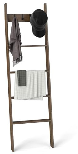 COSTWAY Portasciugamani da Terra, Scaffale a 5 Ripiani con 4 Ganci Rimovibili, Kit Antiribaltamento e Piedini Antiscivolo, Mensole Salvaspazio per Bagno, Ingresso e Cucina (Marrone, 43 x 8 x 148 cm)