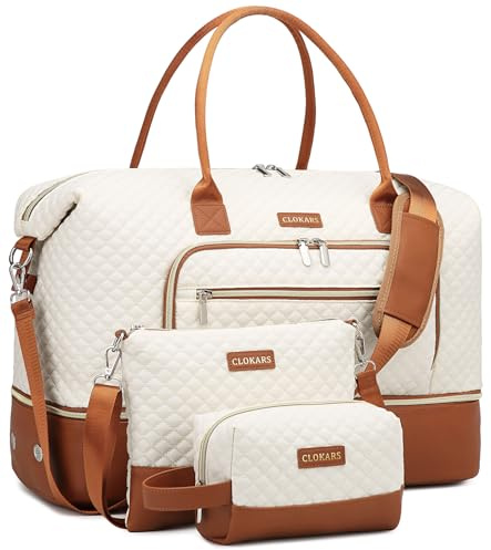 CLOKARS Weekender Bags for Women, Travel Tote Duffle Bag Carry On Overnight Bag with Cosmetics Bag and Crossbody Purse for Gym Hospital, Gifts for Women, Beige Brown