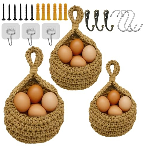 MospdyGear 3Pcs Hanging Fruit Basket, Hanging Vegetable Basket for Kitchen, for Fruit Vegetable Storage (Brown) (Regular)