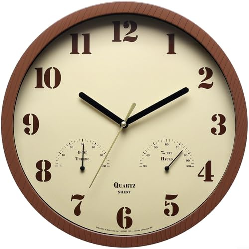 Fauhapyway Reloj de jardín al aire libre con temperatura y humedad, reloj de pared silencioso impermeable para patio, piscina, uso interior y exterior (grano de madera)