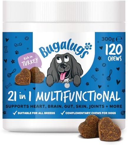 BUGALUGS 21 in 1 Multifunctional Dog Treats – Helps Gut, Teeth, Bladder, Joints, Calming, Relax & Itchy Skin - Perfect for Small, Medium & Large Dogs -120 chews