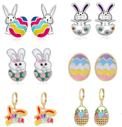 QLUYCKW 6 pares de aretes de conejo de Pascua para mujer, bonitos aretes coloridos de huevo de conejo, aretes esmaltados de conejo, aretes de conejito de animales, decoración de fiesta de Pascua