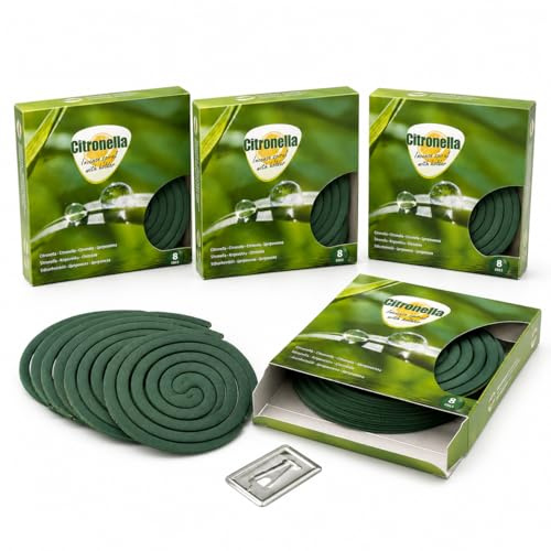 Doftspiraler med Citronella – 32 Spiraler, 4 Förpackningar med 8 och 4 Metallhållare – Brinntid 8-10 Timmar – Utomhusdoft för Balkong, Uteplats, Trädgård och Camping
