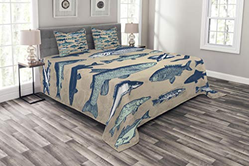 ABAKUHAUS Fisch Tagesdecke Set, Vintage Meeresfrüchte Sammlung, Set mit Kissenbezügen Moderne Designs, für Doppelbetten 220 x 220 cm, Dunkelgrau Beige