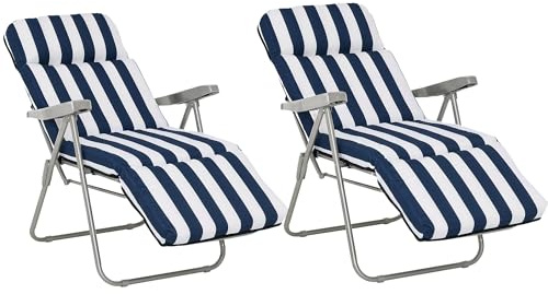 Outsunny Pack de 2 Tumbonas Plegables Tumbonas de Jardín Exterior con Cojín Acolchado, Respaldo Ajustable en 5 Posiciones, Reposapiés y Marco de Acero, 60x75x65-102 cm, Azul y Blanco