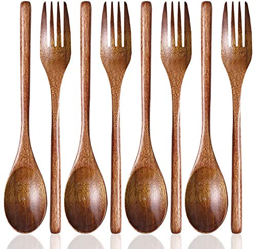 Set di 8, cucchiai da minestra e forchette in legno, cucchiaio e forchetta in legno SourceTon per feste, banchetti, buffet, catering, vita quotidiana - 9 pollici