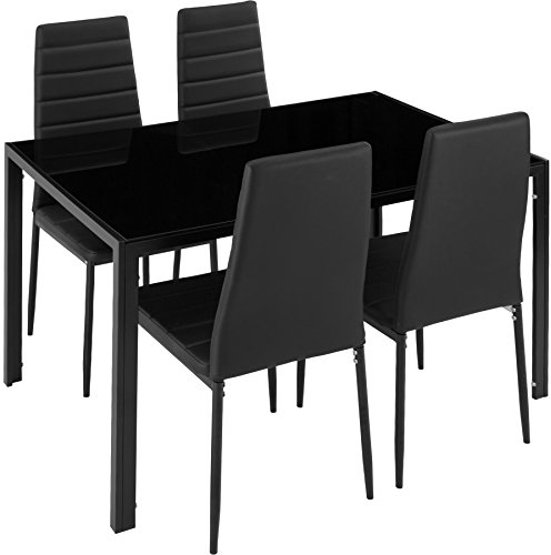 tectake® conjunto mesa y sillas de comedor, mesa con tablero cristal seguridad y 4 sillas cocina tapizadas cuero sintético, estructura acero, sillas comedor, set muebles de cocina - Negro