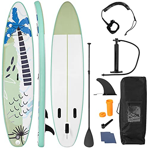 COSTWAY Inflatable Stand Up Paddle Board, 6 Thick SUP with Accessories, Adjustable Aluminium Paddle, Hand Pump, Removable Fin, Leash and Backpack Bag for All Skill Levels (320x76x15CM, Green)