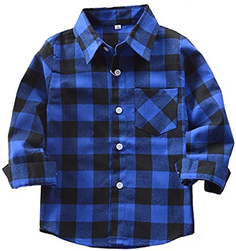 Machbaby Jungen Mädchen Langarm Hemden Plaid Kariert Freizeithemd Tops Baumwolle Button-down Langarmshirt(Blau kariert,150)
